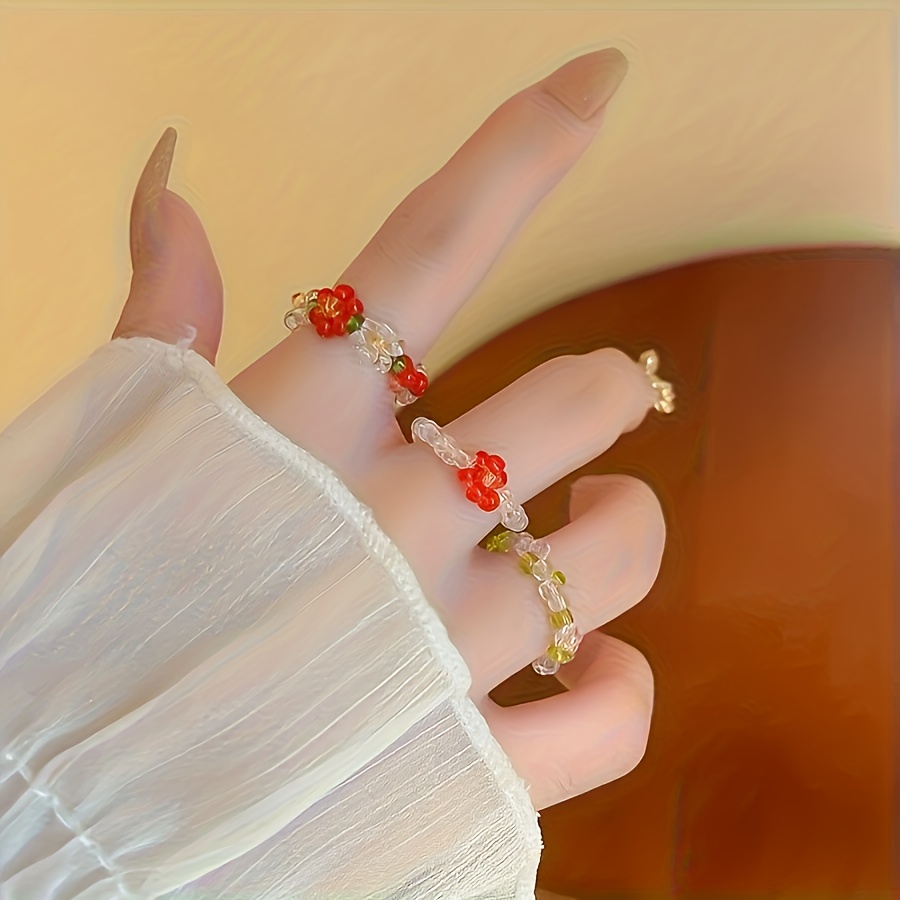 Women's Flower Glazed Beaded Elastic Ring, Creative Design